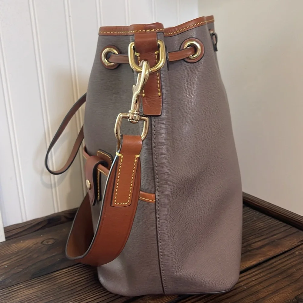Dooney & Bourke Camden Saffiano Leather Bucket Bag-Elephant- EUC And Dustbag